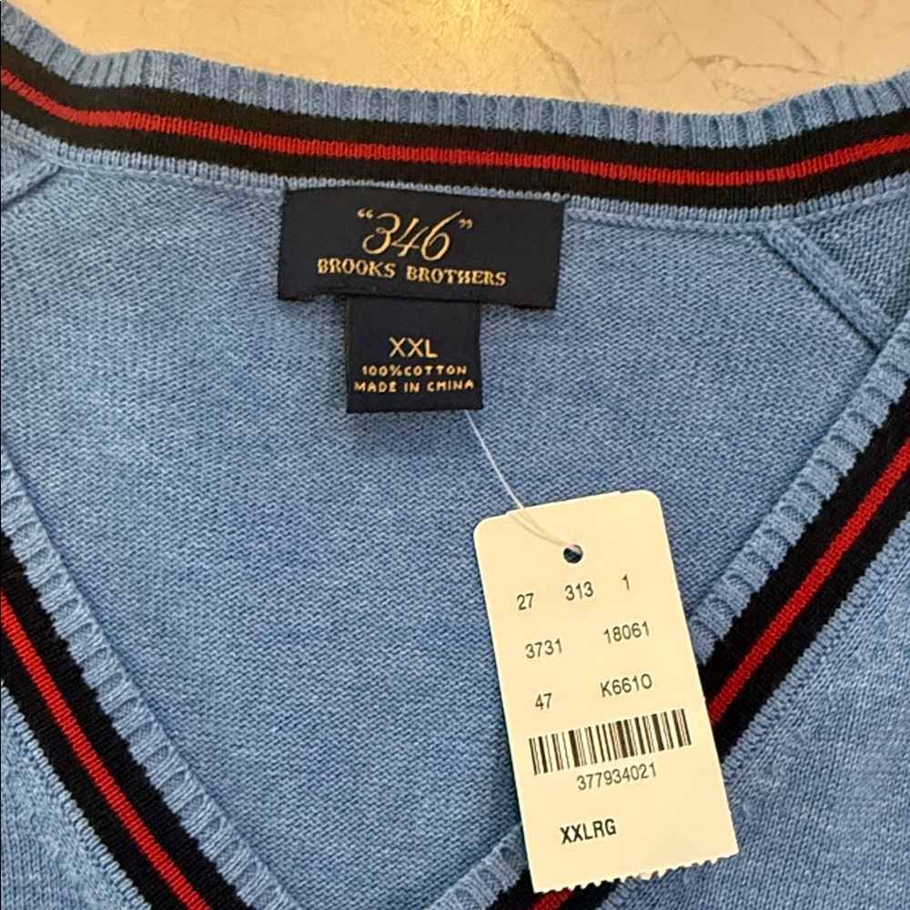 Brooks Brothers V-Neck Sweater in Blue with Red Trim - Picture 2 of 12